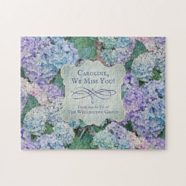 Name der Vintagen Blauen Hydrangea Floral Monogram Puzzle (Horizontal)