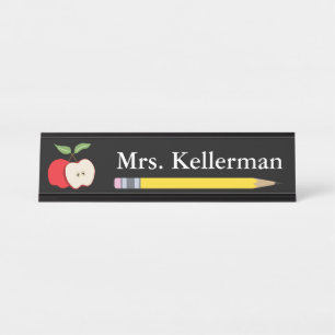 Name des Apfel- und Bleistift-Lehrers Schwarz Schreibtischnamensplakette