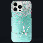 Name des aquamarin gebürsteten Metalls Silber Glit iPhone 16 Pro Max Hülle<br><div class="desc">Dieses schicke Gehäuse mit hübschem silberfarbenem Glitzer auf aquamarinem,  gebürstetem metallischem Hintergrund ist einfach zu personalisieren.</div>