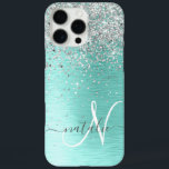Name des aquamarin gebürsteten Metalls Silber Glit iPhone 16 Pro Max Hülle<br><div class="desc">Dieses schicke Gehäuse mit hübschem silberfarbenem Glitzer auf aquamarinem,  gebürstetem metallischem Hintergrund ist einfach zu personalisieren.</div>