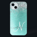 Name des aquamarin gebürsteten Metalls Silber Glit Case-Mate iPhone Hülle<br><div class="desc">Dieses schicke Gehäuse mit hübschem silberfarbenem Glitzer auf aquamarinem,  gebürstetem metallischem Hintergrund ist einfach zu personalisieren.</div>