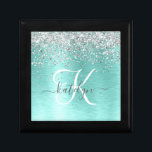Name des aquamarin gebürsteten Metalls Silber Glit Erinnerungskiste<br><div class="desc">Dieses trendige Geschenkboxen-Design mit hübschem silberglänzenden Glitzer auf silber gebürstetem metallischem Hintergrund ist einfach zu personalisieren.</div>