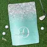 Name des aquamarin gebürsteten Metalls Silber Glit Golfhandtuch<br><div class="desc">Dieses trendige,  schicke Handtuchdesign mit hübschem silberfarbenem Imitat-Glitzer auf aquamarinem,  gebürstetem metallischem Hintergrund ist einfach zu personalisieren.</div>