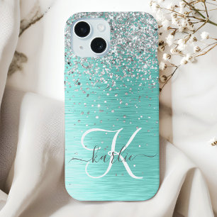 Name des aquamarin gebürsteten Metalls Silber Glit iPhone 15 Hülle