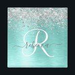 Name des aquamarin gebürsteten Metalls Silber Glit Magnet<br><div class="desc">Dieses trendige,  schicke Magnetdesign mit hübschem silberglänzenden Glitzer auf aquamarin gebürstetem metallischem Hintergrund ist einfach zu personalisieren.</div>