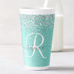 Name des aquamarin gebürsteten Metalls Silber Glit Milchtasse<br><div class="desc">Dieses schicke Design aus Latte-Tasse mit hübschem silberglänzenden Glitzer auf aquamarin gebürstetem metallischem Hintergrund ist einfach zu personalisieren.</div>