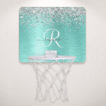 Name des aquamarin gebürsteten Metalls Silber Glit Mini Basketball Netz<br><div class="desc">Dieses trendige,  schicke Basketballkorb-Design mit hübschem silberfarbenem Glitzer auf aquamarinem,  gebürstetem metallischem Hintergrund ist einfach zu personalisieren.</div>