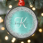 Name des aquamarin gebürsteten Metalls Silber Glit Ornament Aus Metall<br><div class="desc">Dieses trendige,  schicke Schneeflocken-Design mit gerahmtem Weihnachtsgeschmuck und hübschem silberglänzenden Glitzer auf aquamarinem,  gebürstetem metallischem Hintergrund macht es leicht,  sich persönlich zu präsentieren.</div>