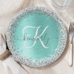 Name des aquamarin gebürsteten Metalls Silber Glit Pappteller<br><div class="desc">Dieses schicke,  schicke Papierplattendesign mit hübschem silberglänzenden Glitzer auf aquamarinem,  gebürstetem metallischem Hintergrund ist einfach zu personalisieren.</div>