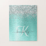 Name des aquamarin gebürsteten Metalls Silber Glit Puzzle<br><div class="desc">Dieses trendige schicke Puzzle-Design mit hübschem silberglänzenden Glitzer auf aquamarin gebürstetem metallischem Hintergrund ist einfach zu personalisieren.</div>