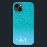 Name des aquamarinen blauen Glitzer Case-Mate iPhone Hülle<br><div class="desc">Aquamarine,  blaugrüne Imitate Glitzer-Verlauf. Vorlage für Ihren Namen und Monogrammbuchstaben. Weiße und aquamarine Buchstaben.</div>
