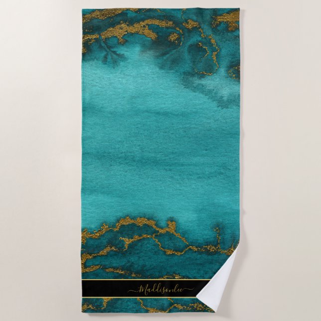 Name des aquamarinen Goldmarmor-Monogramms Strandtuch (Vorderseite)