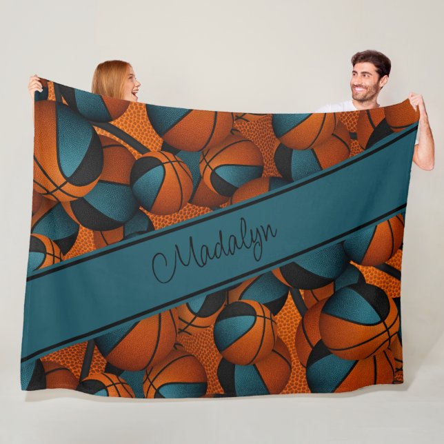 Name des aquamarinen schwarzen Basketballmusters Fleecedecke (Beispiel)
