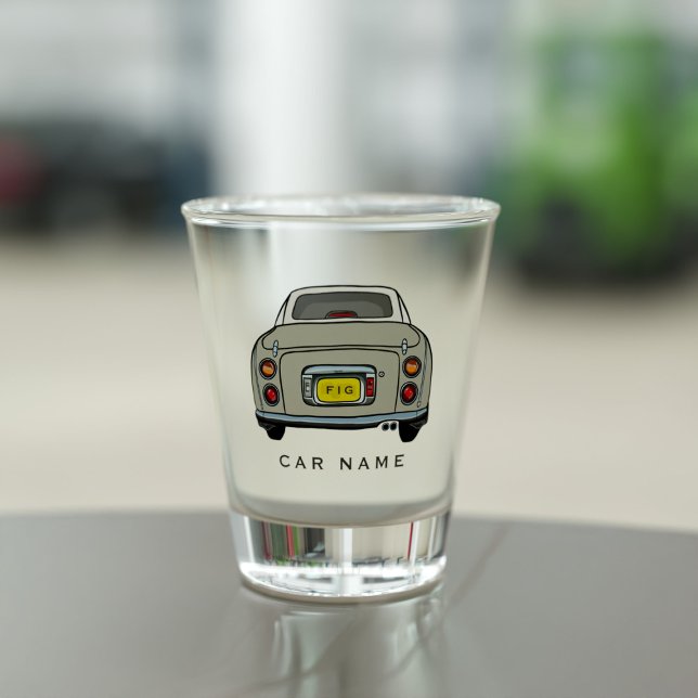 Name des Autos Topaz Nebel Figaro Figaro Figaratio Schnapsglas (Add your car name to this cute topaz mist figaro shot glass)