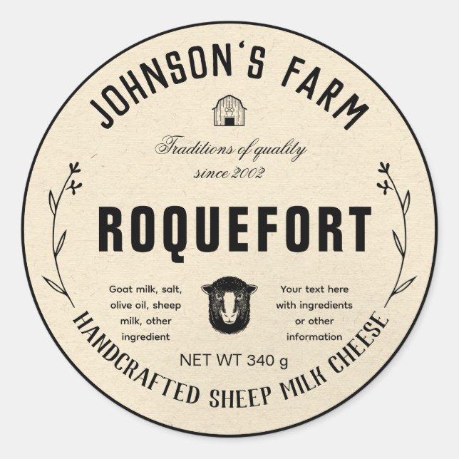Name des Betriebs | Kranz | Schafmilchkäse | VINTA Runder Aufkleber (Vorderseite)