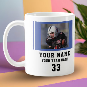 Name des blauen Spielers, Nummer, Teamfoto Kaffeetasse