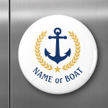 Name des Bootes Anchor Gold Style Laurel blau weiß Magnet<br><div class="desc">Ein Personalisierter Rundmagnet mit Ihrem Bootsnamen,  Familiennamen oder beliebigem Text. Mit einem eigens dafür entworfenen nautischen Bootsanker,  goldfarbenen Lorbeerplakaten und Sternemblem auf weiß oder passen die Primärfarbe leicht an Ihr aktuelles Thema an.</div>