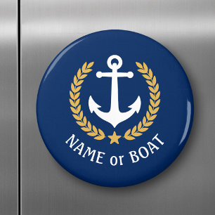 Name des Bootes Anchor Gold Style Laurel Star Navy Magnet