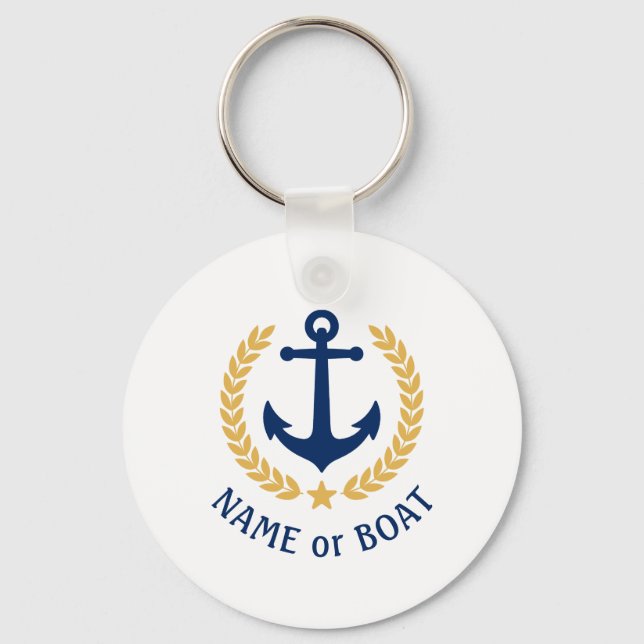 Name des Bootes Anchor Gold Style Laurel Star Navy Schlüsselanhänger (Vorderseite)