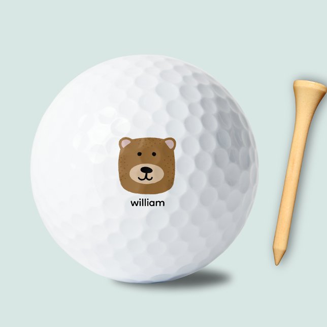 Name des Braunbären Golfball (Cute brown bear head golf ball.  Customize with your own name, initials of choice of text.)