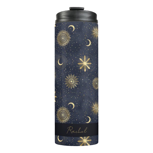 Name des Celestial Blue und Gold Monogram Thermosbecher (Vorderseite)