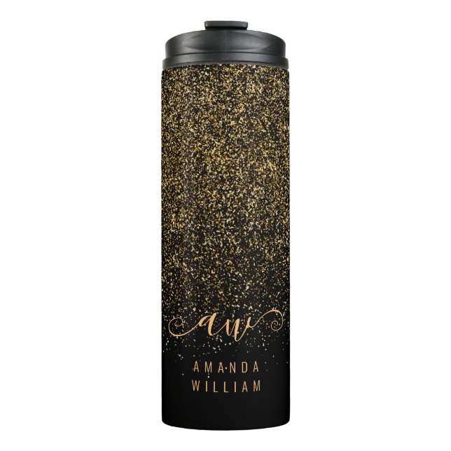 Name des eleganten Gold Glitzer Glam Monogram Thermosbecher (Vorderseite)