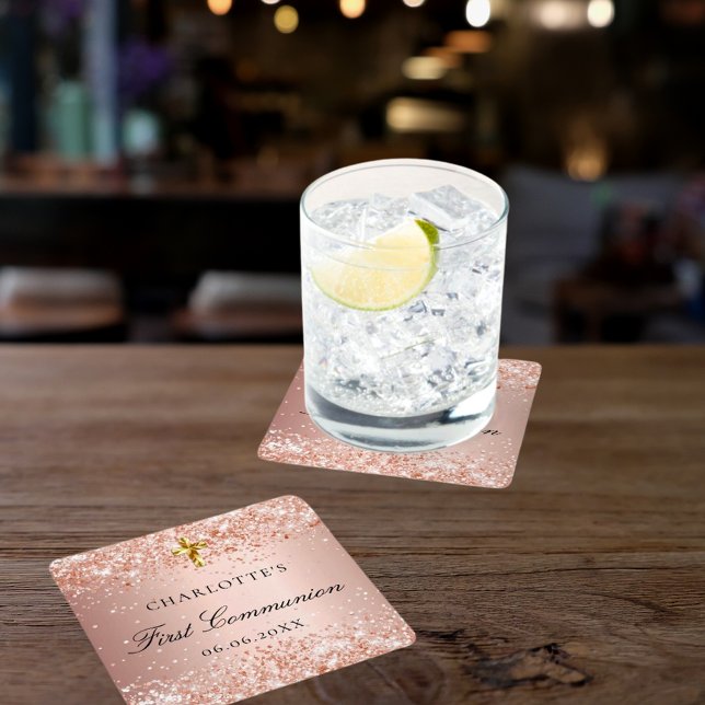 Name des ersten Kommune-Rose-Goldgold-Glitzer Rechteckiger Pappuntersetzer (Von Creator hochgeladen)