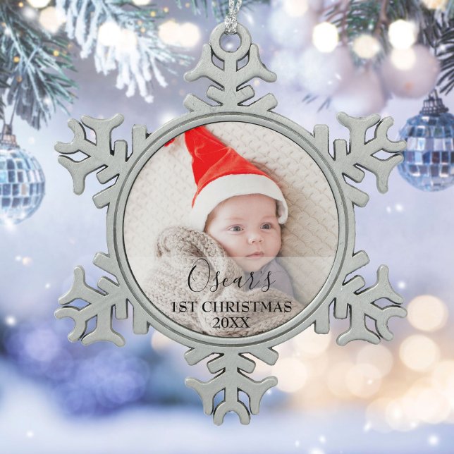 Name des ersten Weihnachtsjungen Fotos Schneeflocken Zinn-Ornament (First Christmas Baby Photo Name Snowflake Pewter Christmas Ornament)