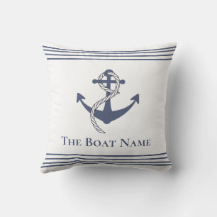 Name des Familienbootes weiß in Navy Blue Anchor N Kissen