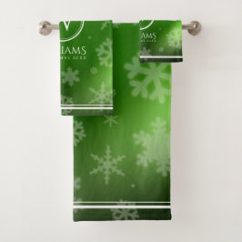 Name des Festivals Green Foil Snowflakes Monogramm Badhandtuch Set