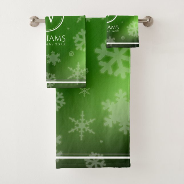 Name des Festivals Green Foil Snowflakes Monogramm Badhandtuch Set (Insitu)