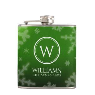 Name des Festivals Green Foil Snowflakes Monogramm Flachmann