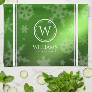 Name des Festivals Green Foil Snowflakes Monogramm Geschirrtuch