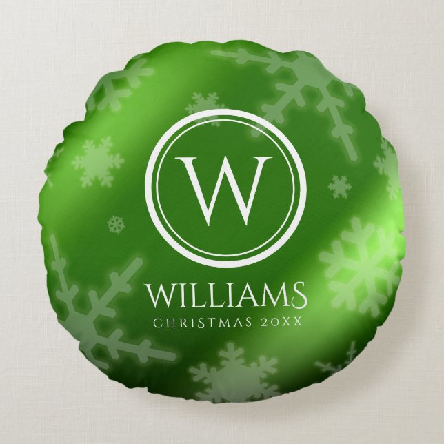 Name des Festivals Green Foil Snowflakes Monogramm Rundes Kissen (Vorderseite)
