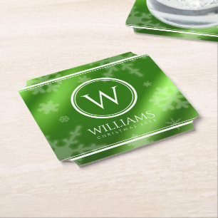 Name des Festivals Green Foil Snowflakes Monogramm Untersetzer