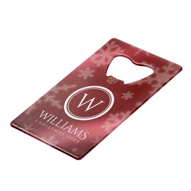 Name des Festivals Red Foil Snowflakes Monogramm Geldbeutel Flaschenöffner (Vorderseite Schrägansicht)