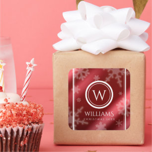 Name des Festivals Red Foil Snowflakes Monogramm Quadratischer Aufkleber