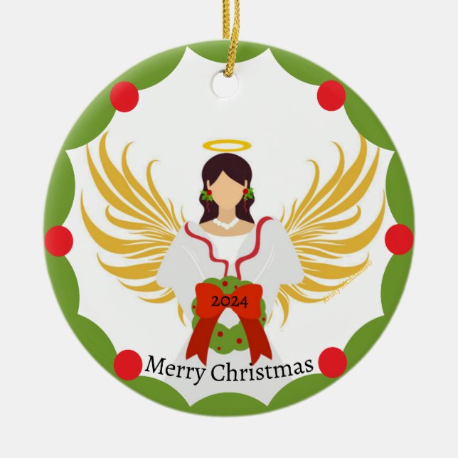 Name des Fotos der Weihnachtsangel Roter Kreide Keramik Ornament (Vorne)