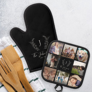 Name des Fotos in Monogramm, schwarz, mehrfarbig Ofenhandschuh & Topflappen-Set