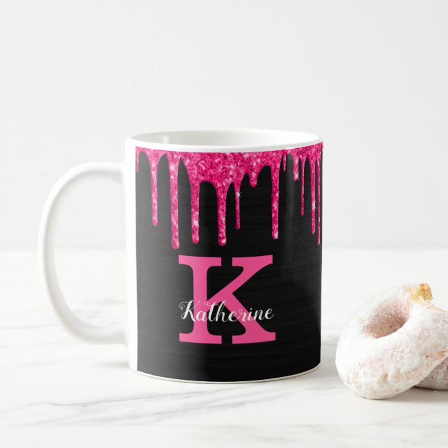 Name des Girl Black Hot Pink Glitzer Tropfen Monog Kaffeetasse (Mit Donut)