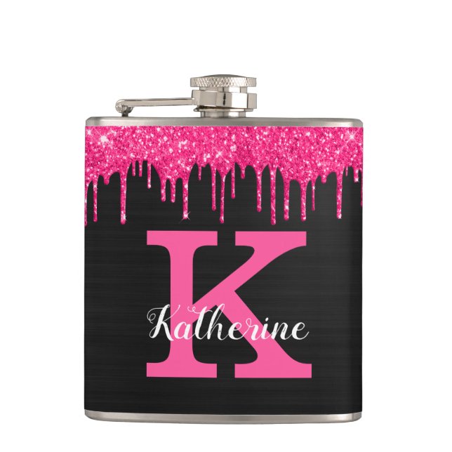 Name des Girl Black Hot Pink-Glitzer-Tropfens Mono Flachmann (Vorderseite)
