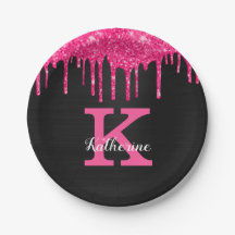 Name des Girl Hot Pink Black Glitzer Tropfen Monog