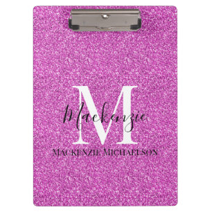 Name des Girl-Hot-Pink-Glitzer Monogramm Klemmbrett