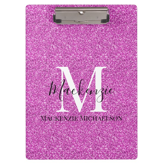 Name des Girl-Hot-Pink-Glitzer Monogramm Klemmbrett (Vorderseite)
