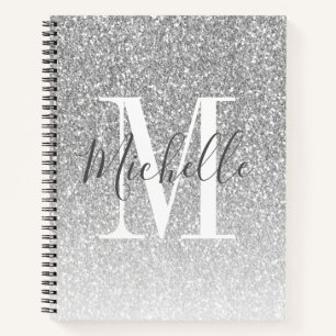 Name des Girl Script Silver Glitzer Monogram Notizbuch
