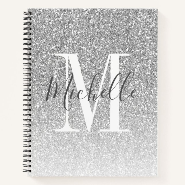 Name des Girl Script Silver Glitzer Monogram Notizbuch (Vorderseite)