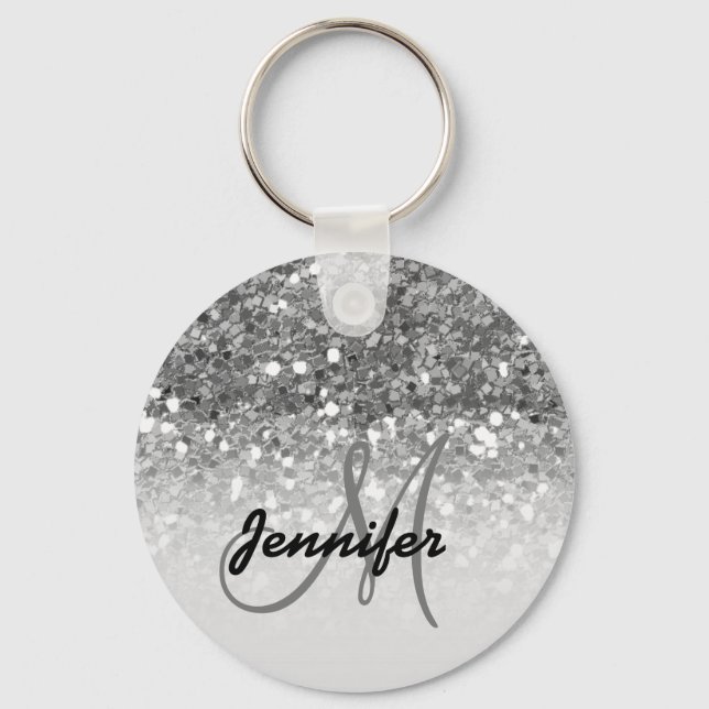 Name des Girl Silver Glitzer Glitzern Monogram Schlüsselanhänger (Vorderseite)