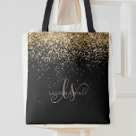 Name des Gold Glitzer Glam Monogram<br><div class="desc">Glam Gold Glitter Elegant Monogram Tote Bag. Easily personalize this trendy chic tote bag design featuring elegant gold sparg glitter on black background. The design feys your handwritten script monogram with pretty swirls and your name.</div>