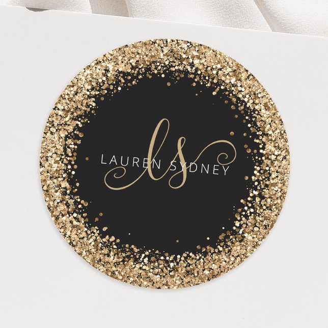 Name des Gold Glitzer Glam Monogram Runder Aufkleber (Von Creator hochgeladen)