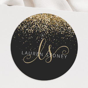 Name des Gold Glitzer Glam Monogram Runder Aufkleber